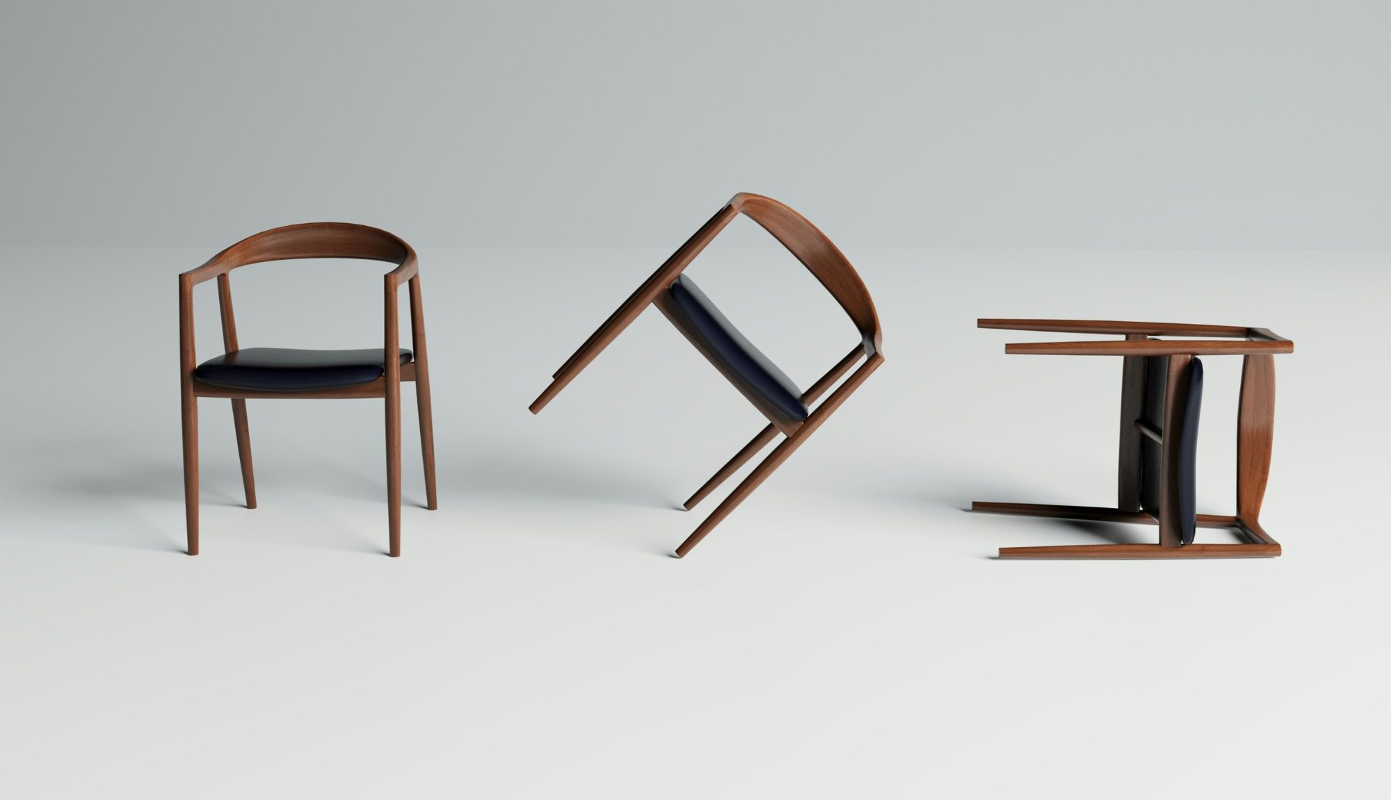 Sedia di design in legno di noce vista da tre angolazioni: traduzioni per il settore arredamento
